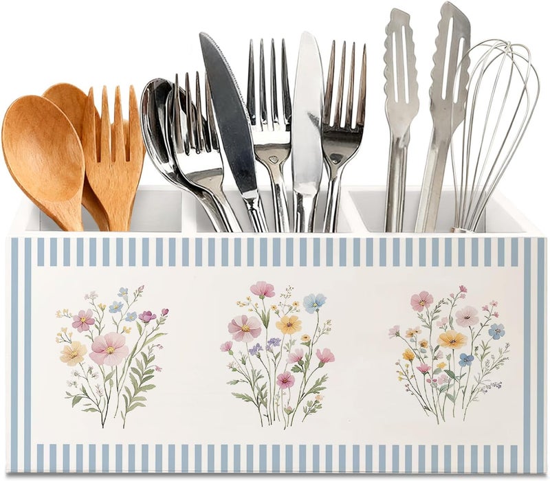 KBRCT Retro Pastel Flower Wooden Utensils Holder, Cottagecore Nature Wildflower Blue Striped Wood Cooking Utensil Holder Organizer for Kitchen Countertop Counter Decor - Image 1